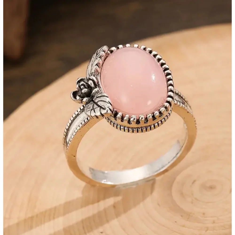 Boho Pink Oval Stone set in Floral Silver Ring